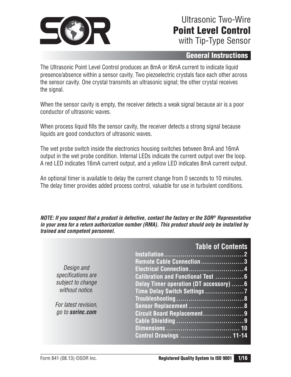 SOR Single Point Ultrasonic Level Switch User Manual | 16 pages