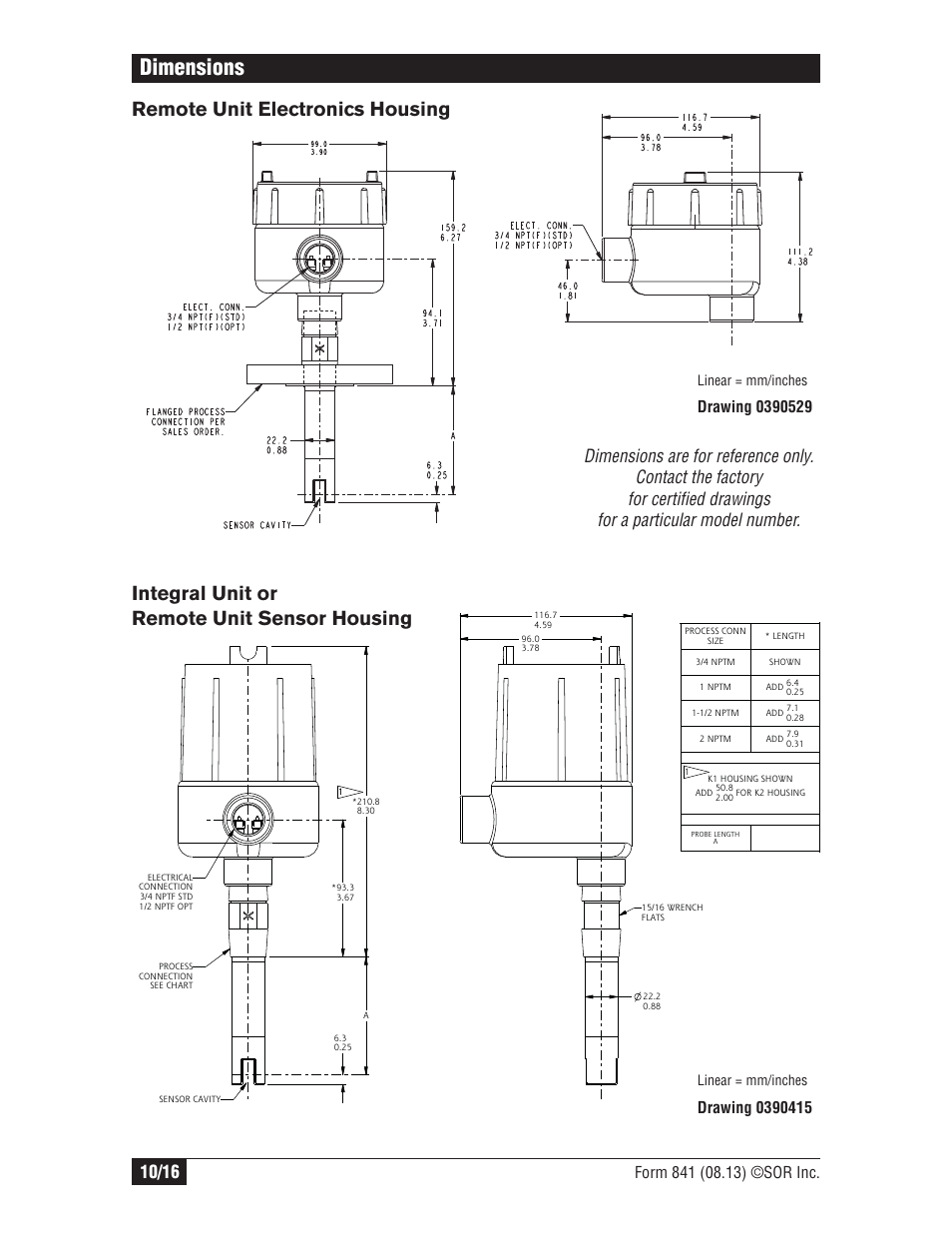 Dimensions, Linear = mm/inches | SOR Single Point Ultrasonic Level Switch User Manual | Page 10 / 16