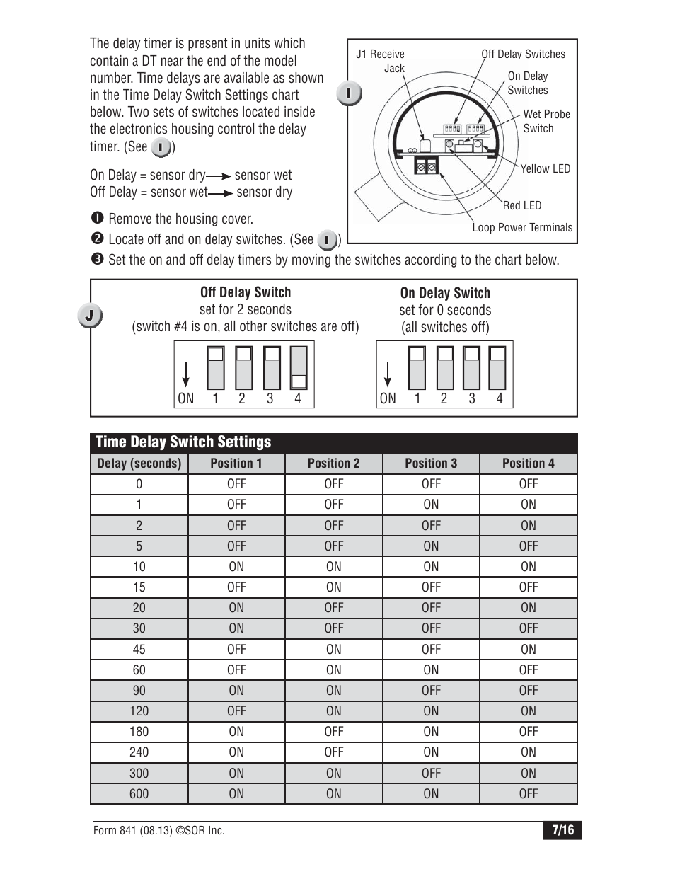 Time delay switch settings | SOR Single Point Ultrasonic Level Switch User Manual | Page 7 / 16