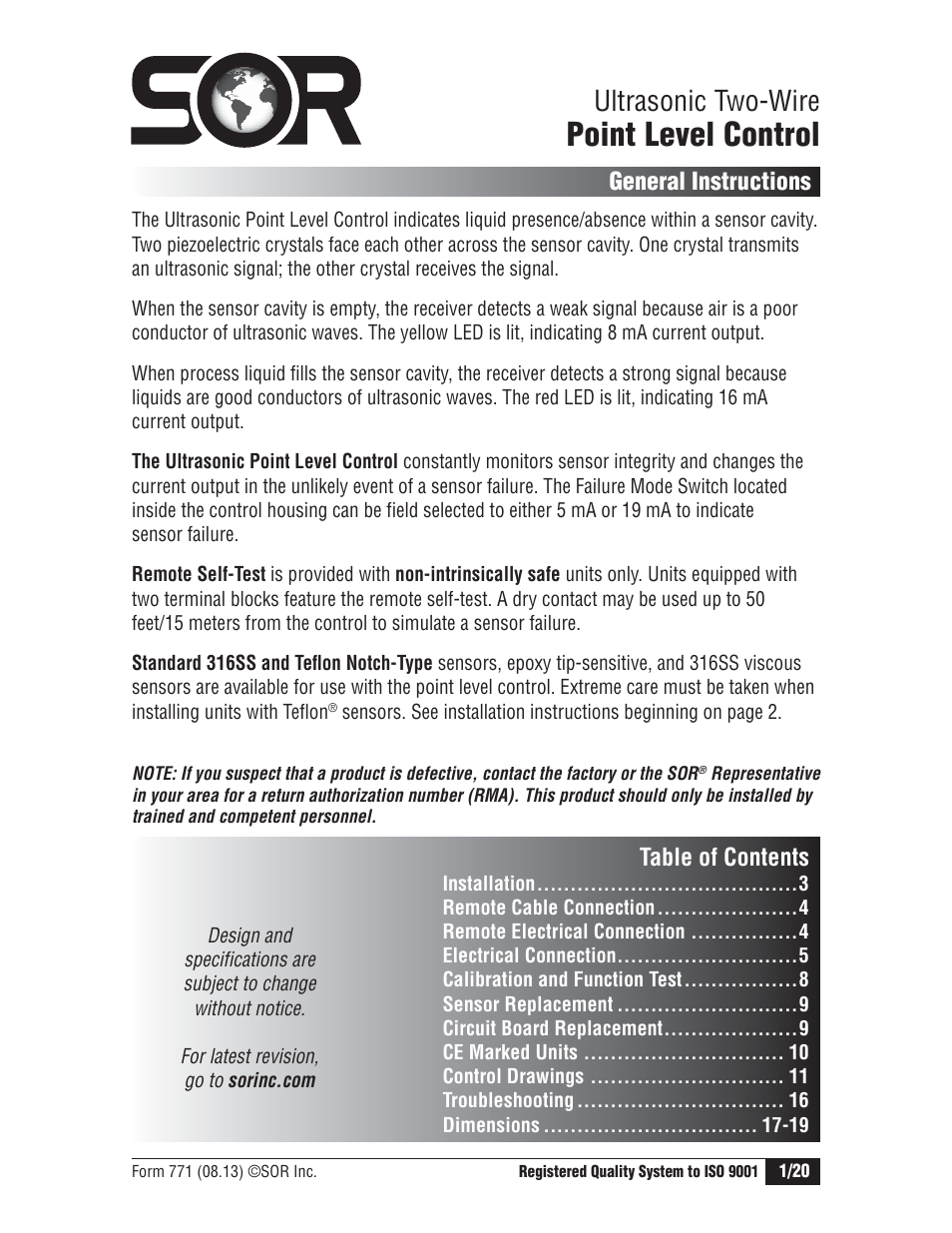 SOR Single Point Ultrasonic Level Switch User Manual | 20 pages