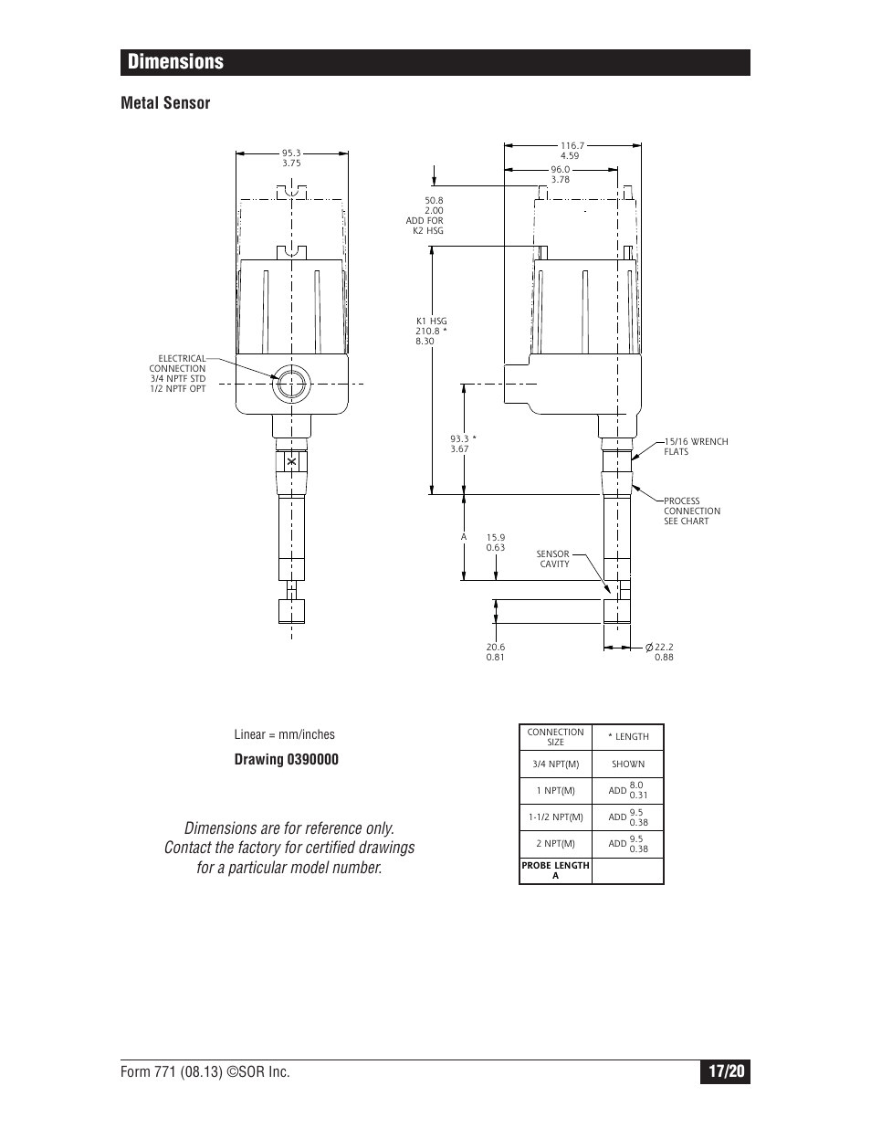 Dimensions, Metal sensor | SOR Single Point Ultrasonic Level Switch User Manual | Page 17 / 20