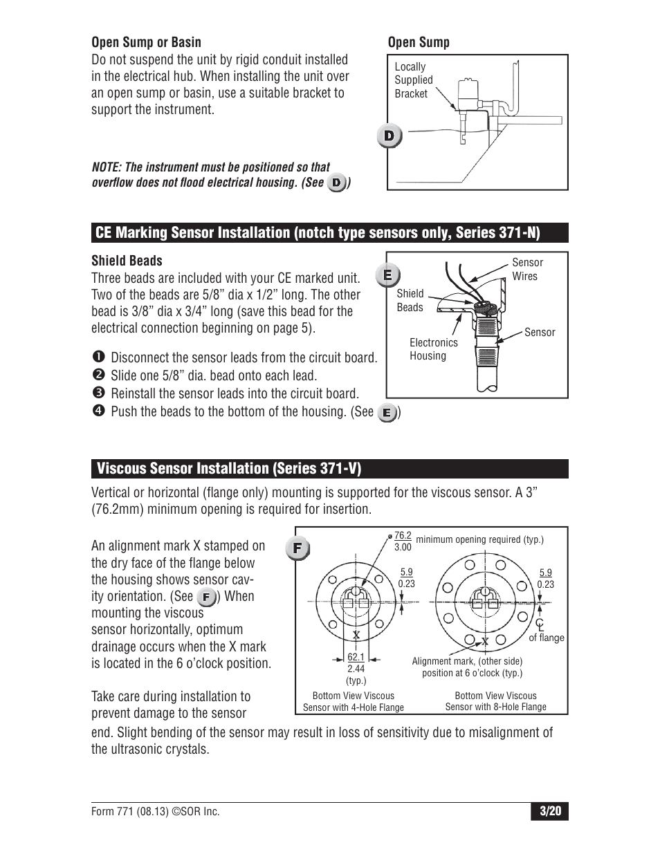 Viscous sensor installation (series 371-v) | SOR Single Point Ultrasonic Level Switch User Manual | Page 3 / 20