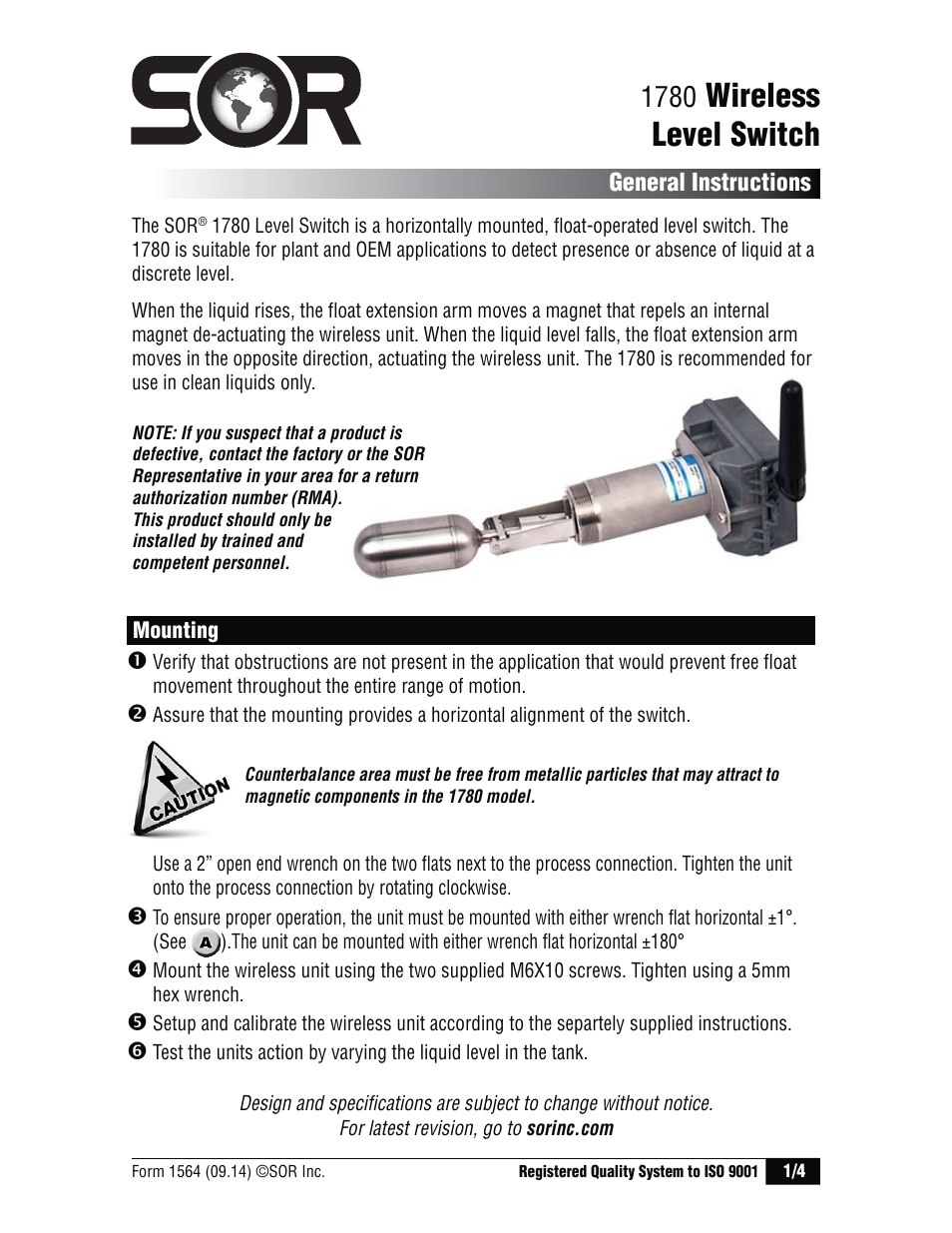 SOR 1780 Wireless Level Switch User Manual | 4 pages