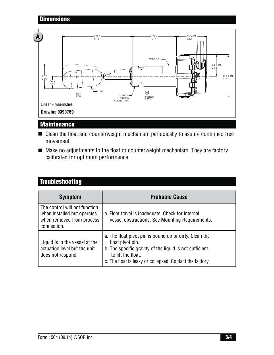 Dimensions, Maintenance, Troubleshooting | Symptom probable cause | SOR 1780 Wireless Level Switch User Manual | Page 3 / 4