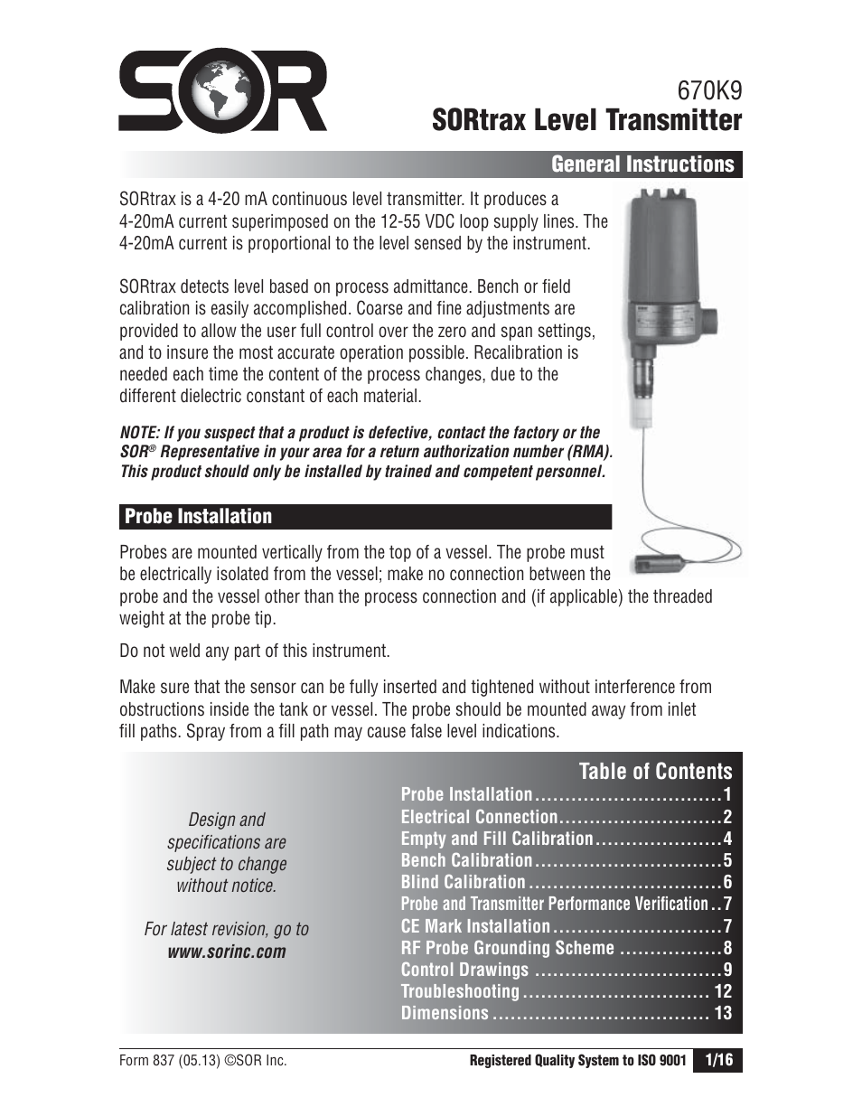 SOR RF Continuous Level Transmitter User Manual | 16 pages