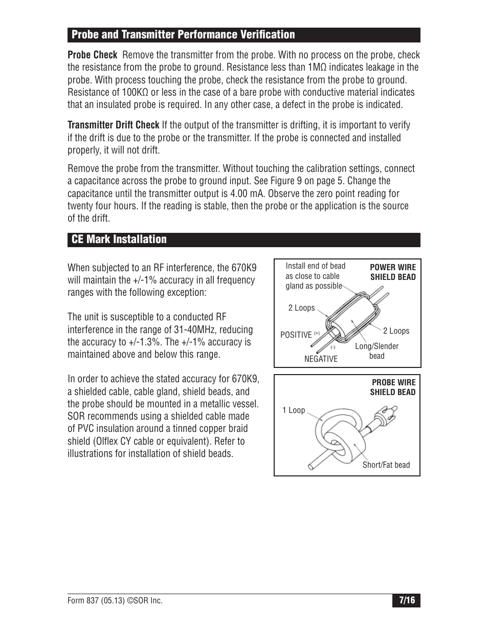 Probe and transmitter performance verifi cation, Ce mark installation | SOR RF Continuous Level Transmitter User Manual | Page 7 / 16