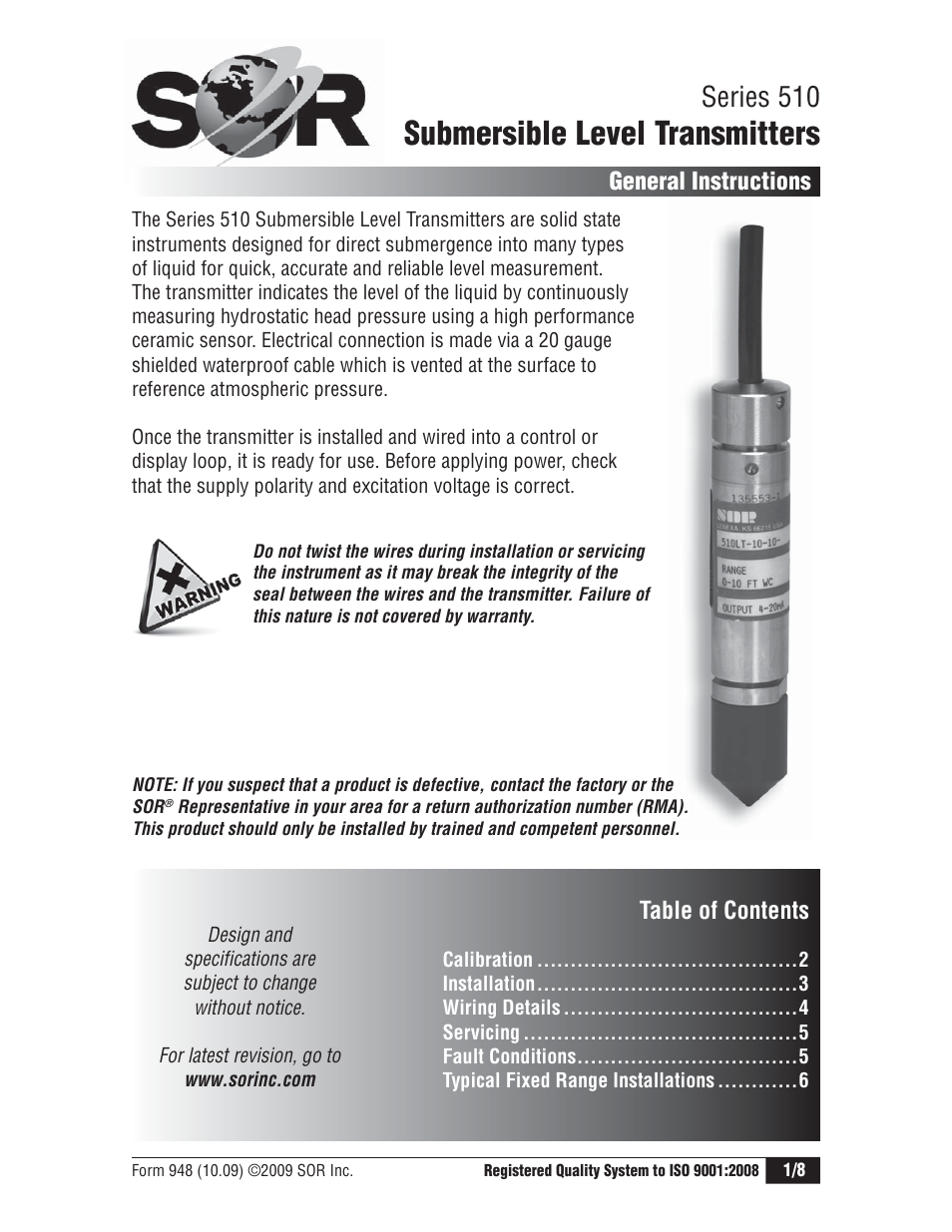 SOR Submersible Hydrostatic Level Transmitter User Manual | 8 pages