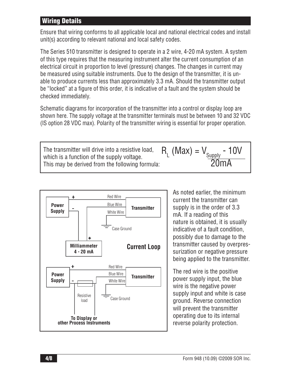 Max) = v, 10v 20ma | SOR Submersible Hydrostatic Level Transmitter User Manual | Page 4 / 8