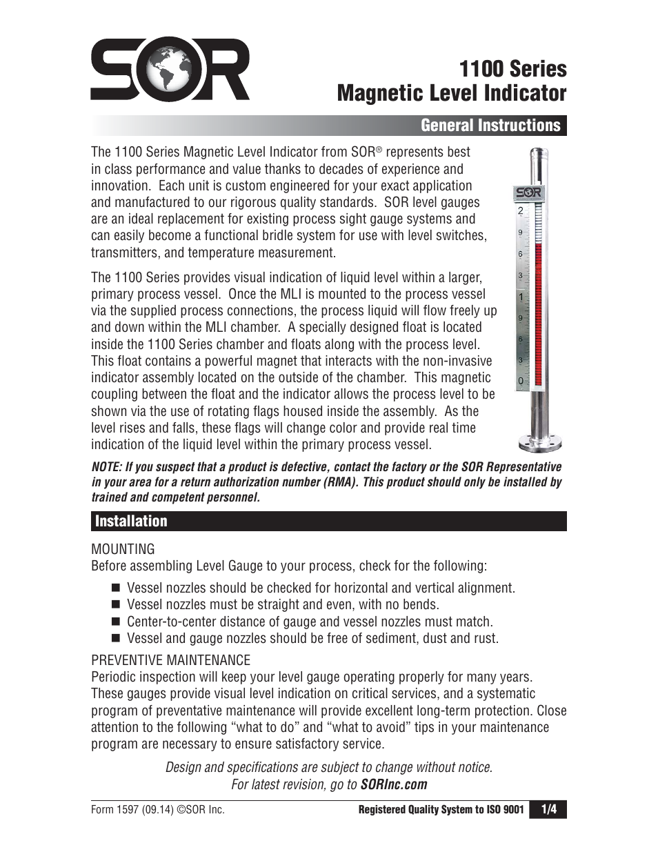 SOR 1100 Series Magnetic Level Indicators User Manual | 4 pages