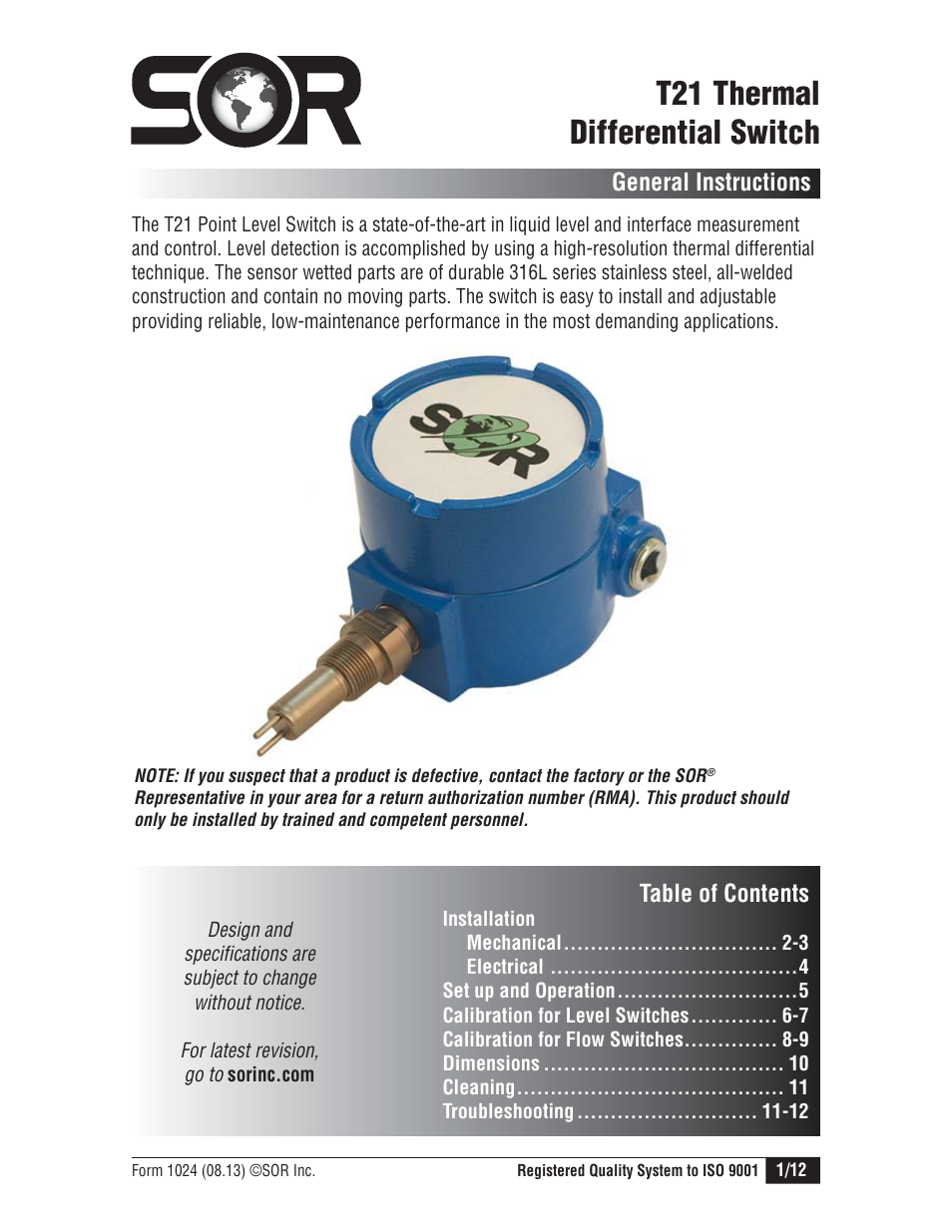 SOR Thermal Differential Flow Switch User Manual | 12 pages