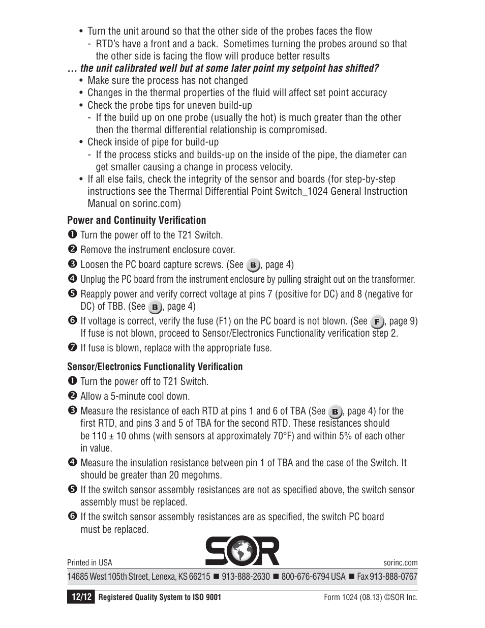 SOR Thermal Differential Flow Switch User Manual | Page 12 / 12