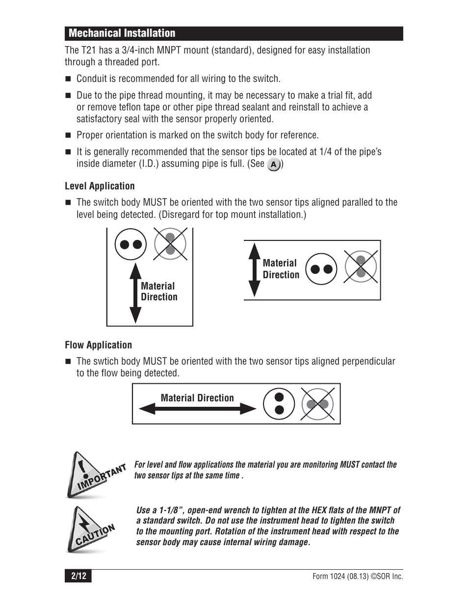 Mechanical installation | SOR Thermal Differential Flow Switch User Manual | Page 2 / 12