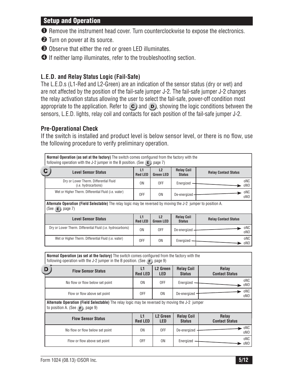 Setup and operation, Turn on power at its source | SOR Thermal Differential Flow Switch User Manual | Page 5 / 12