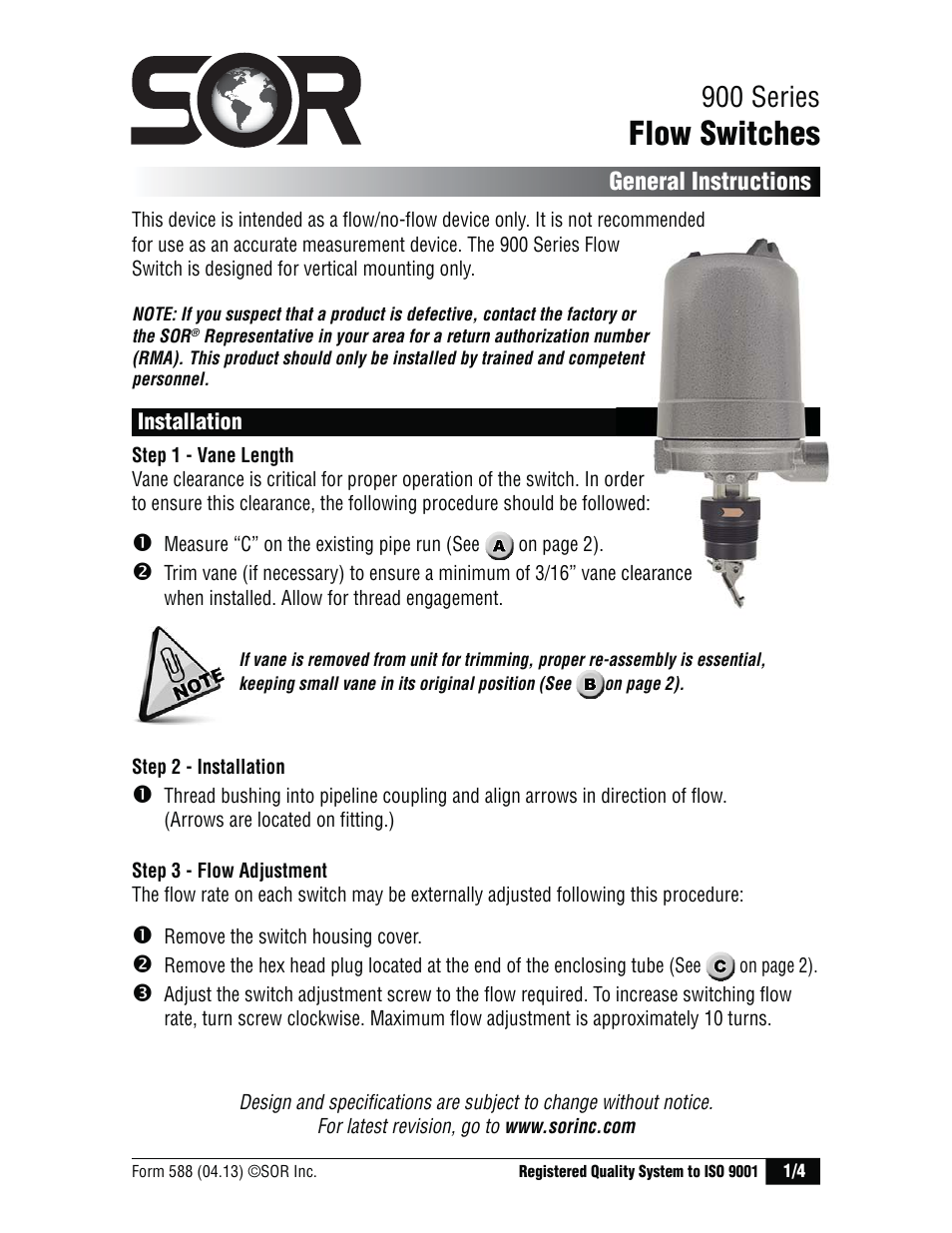 SOR Vane Operated Flow Switch User Manual | 4 pages