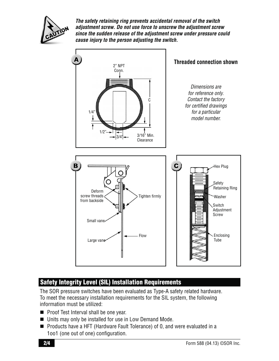 Threaded connection shown | SOR Vane Operated Flow Switch User Manual | Page 2 / 4