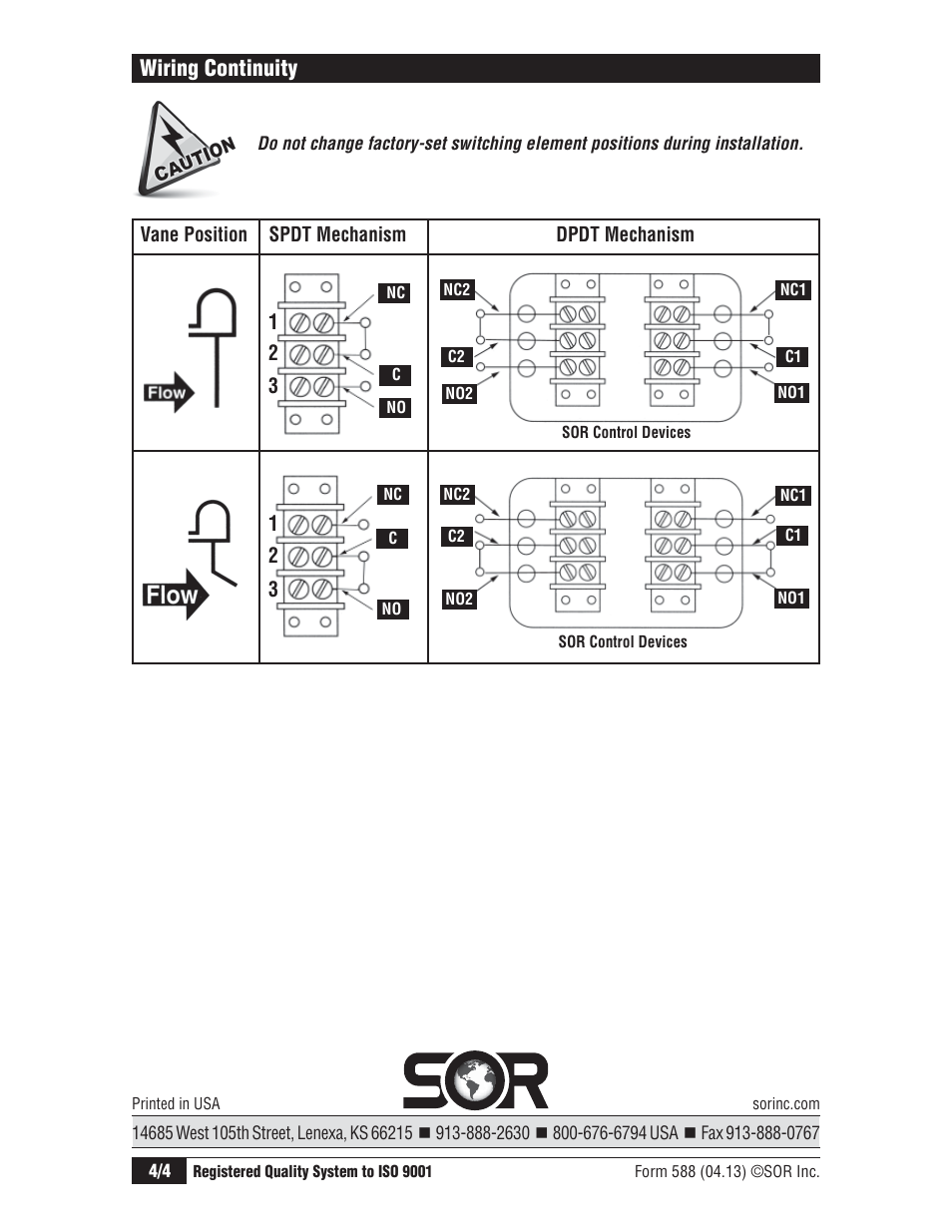Wiring continuity | SOR Vane Operated Flow Switch User Manual | Page 4 / 4