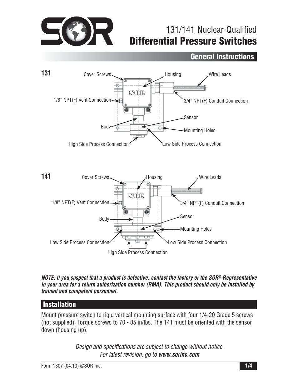 SOR 141 Differential Pressure Switch User Manual | 4 pages