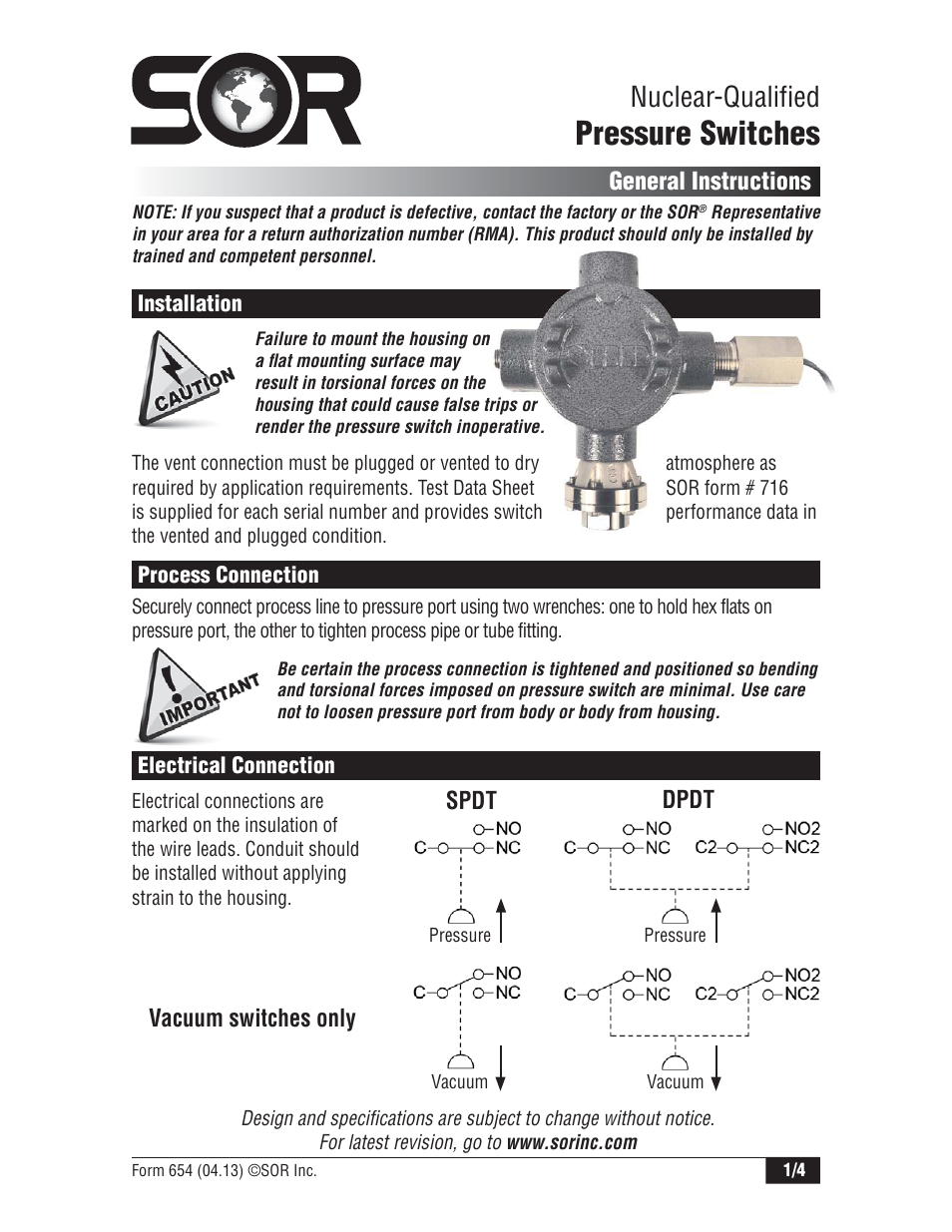 SOR TA Nuclear Qualified Pressure Switch User Manual | 4 pages