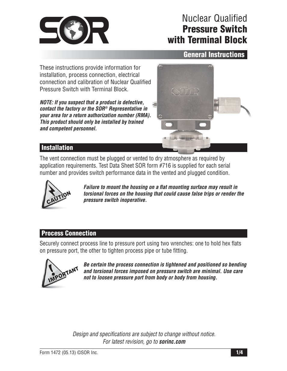 SOR RT Nuclear Qualified Pressure Switch User Manual | 4 pages