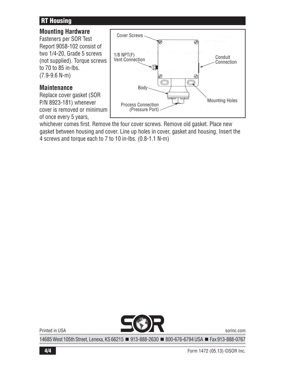 Rt housing mounting hardware, Maintenance | SOR RT Nuclear Qualified Pressure Switch User Manual | Page 4 / 4