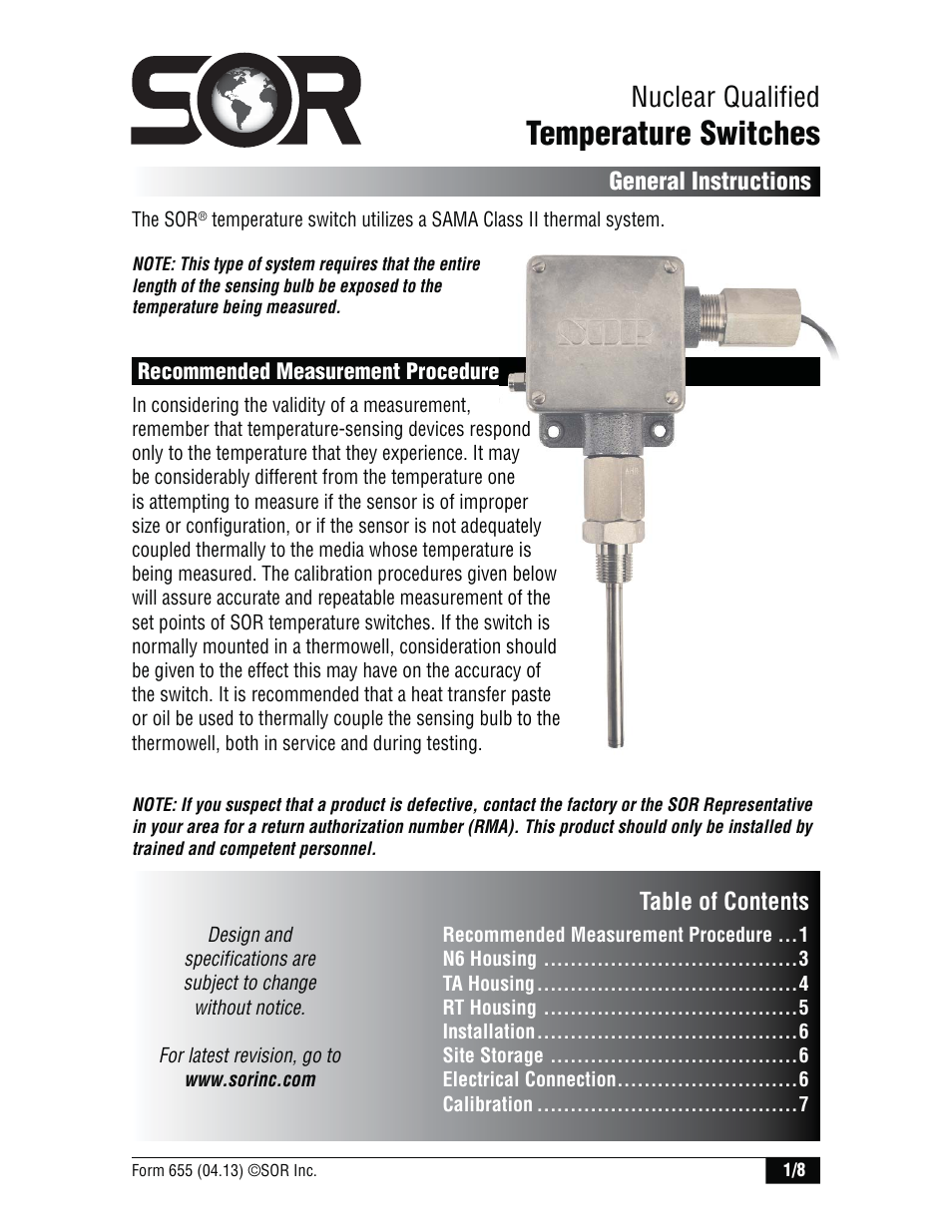 SOR TA Nuclear Qualified Temperature Switch User Manual | 8 pages