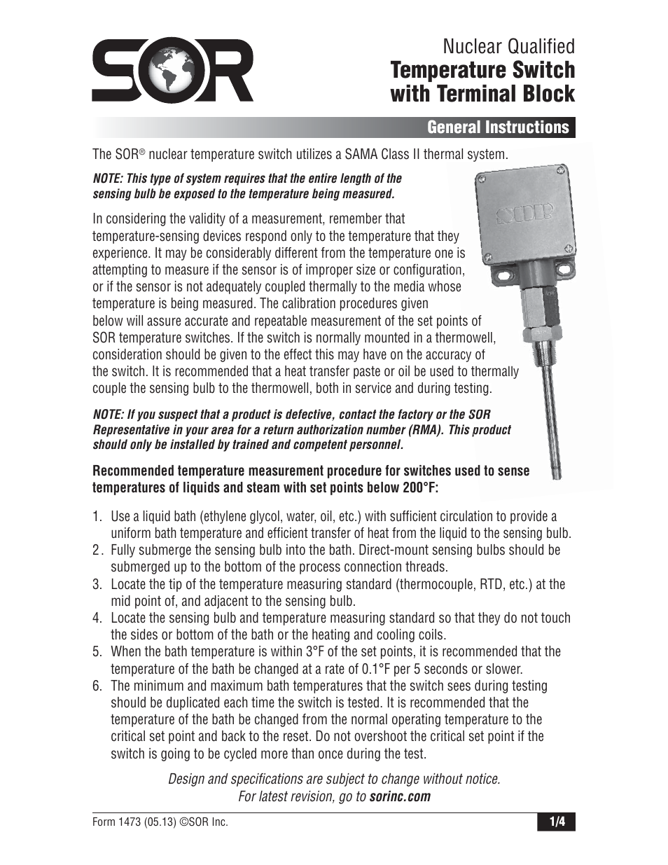 SOR RT Nuclear Qualified Temperature Switch User Manual | 4 pages