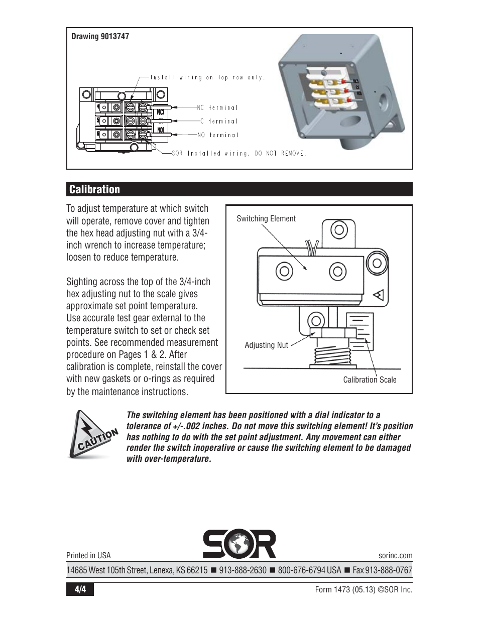 Calibration | SOR RT Nuclear Qualified Temperature Switch User Manual | Page 4 / 4