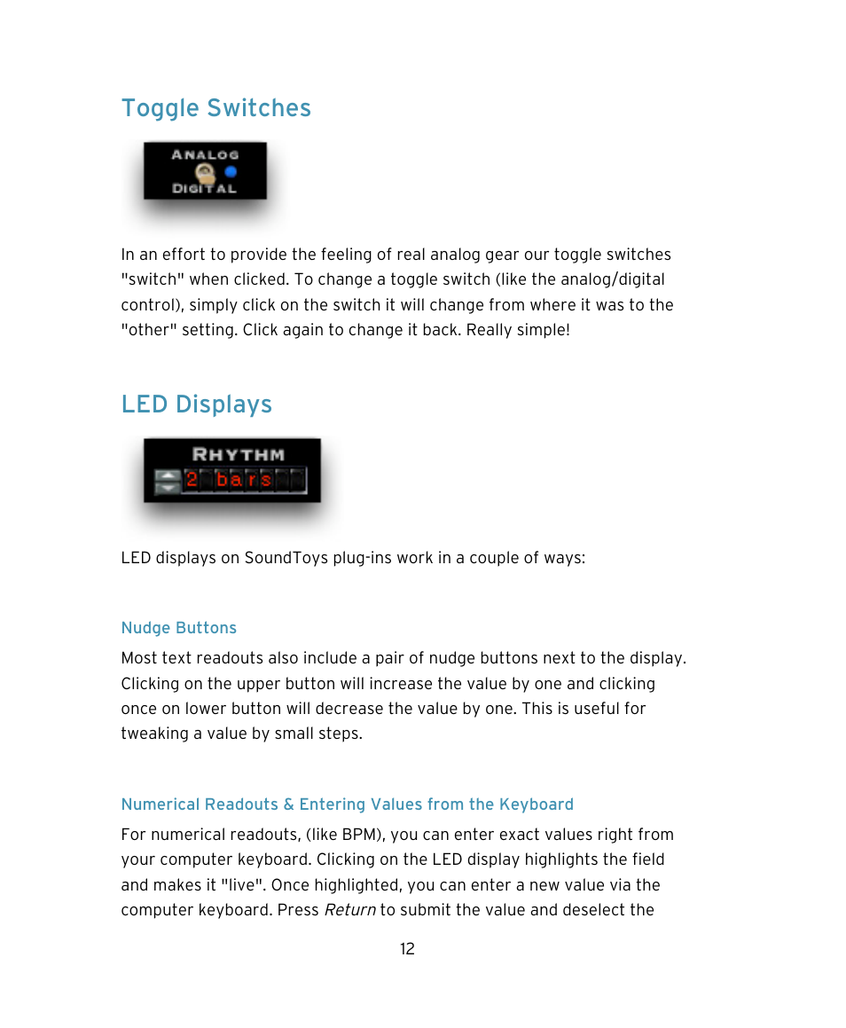 Toggle switches, Led displays | Soundtoys Native FX User Manual | Page 12 / 24