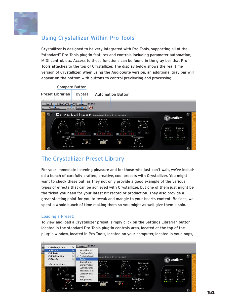 Using crystallizer within pro tools, The crystallizer preset library, Loading a preset | Soundtoys Crystallizer User Manual | Page 14 / 32