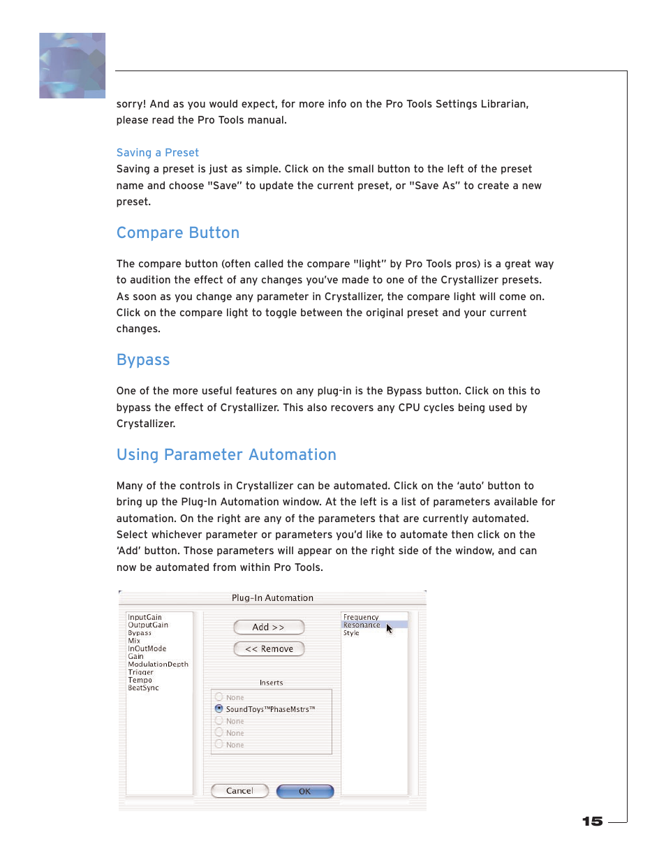 Saving a preset, Compare button, Bypass | Using parameter automation | Soundtoys Crystallizer User Manual | Page 15 / 32