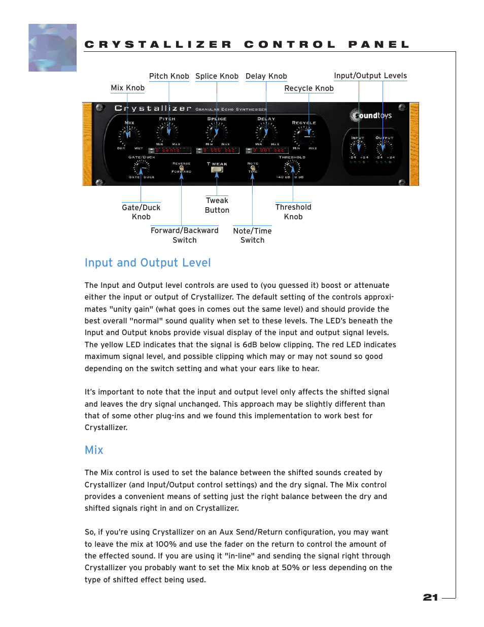 Crystallizer control panel, Input and output level | Soundtoys Crystallizer User Manual | Page 21 / 32