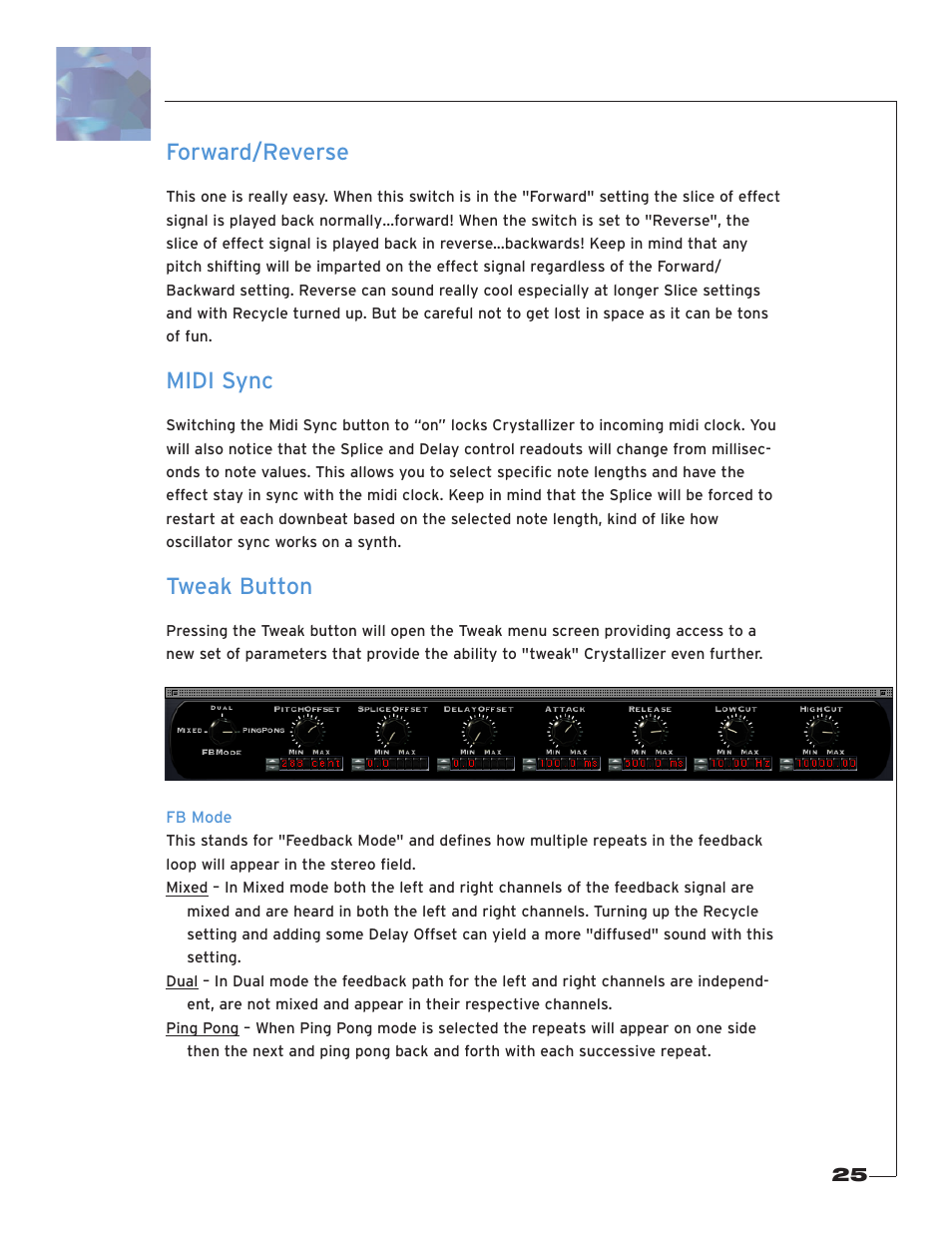 Forward/reverse, Midi sync, Tweak button | Fb mode | Soundtoys Crystallizer User Manual | Page 25 / 32