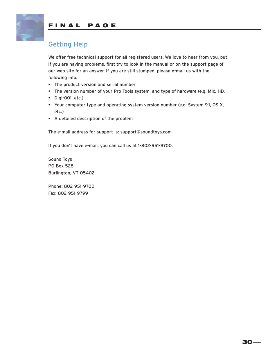 F i n a l p a g e, Getting help | Soundtoys Crystallizer User Manual | Page 30 / 32