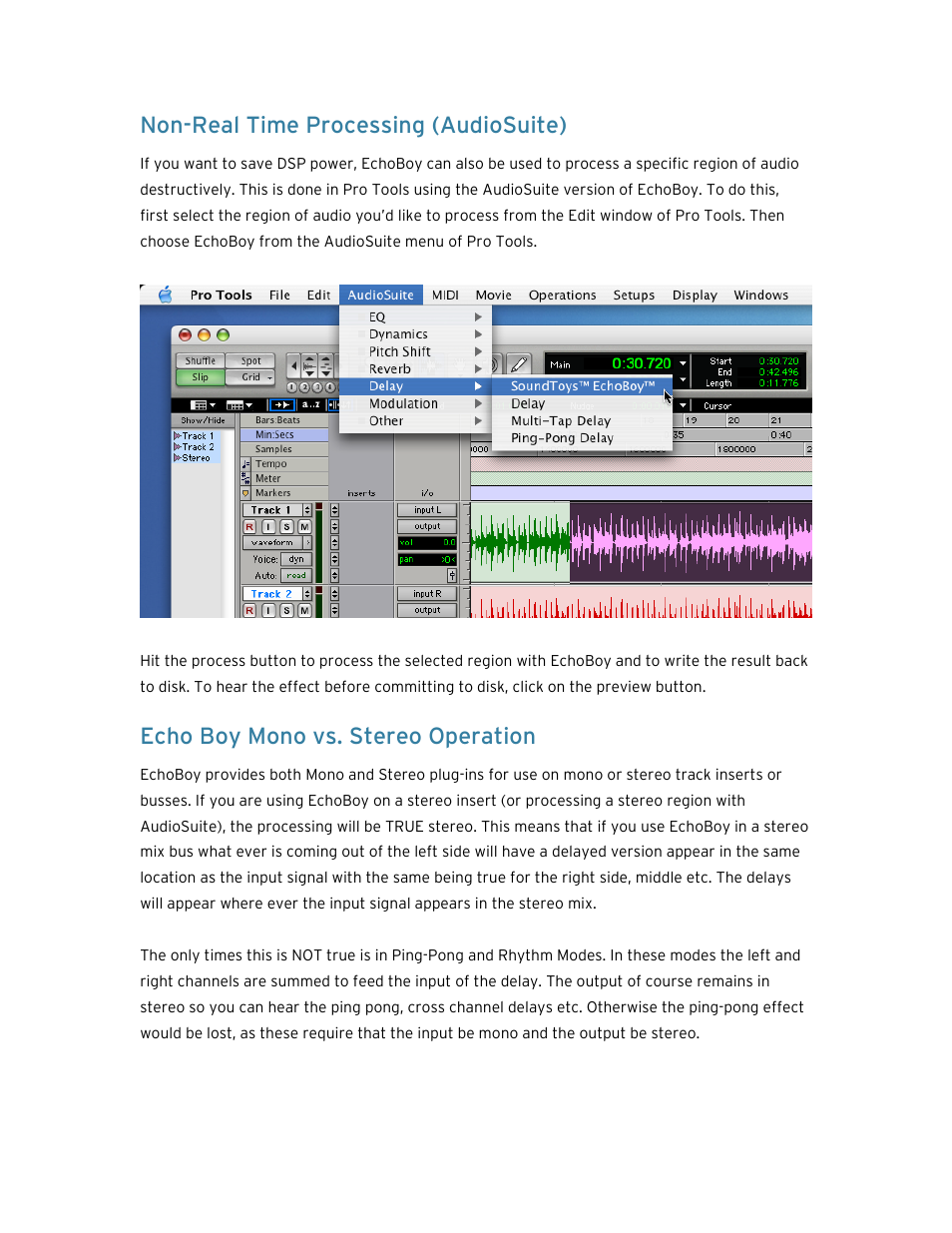 Non-real time processing (audiosuite), Echo boy mono vs. stereo operation | Soundtoys EchoBoy User Manual | Page 17 / 63