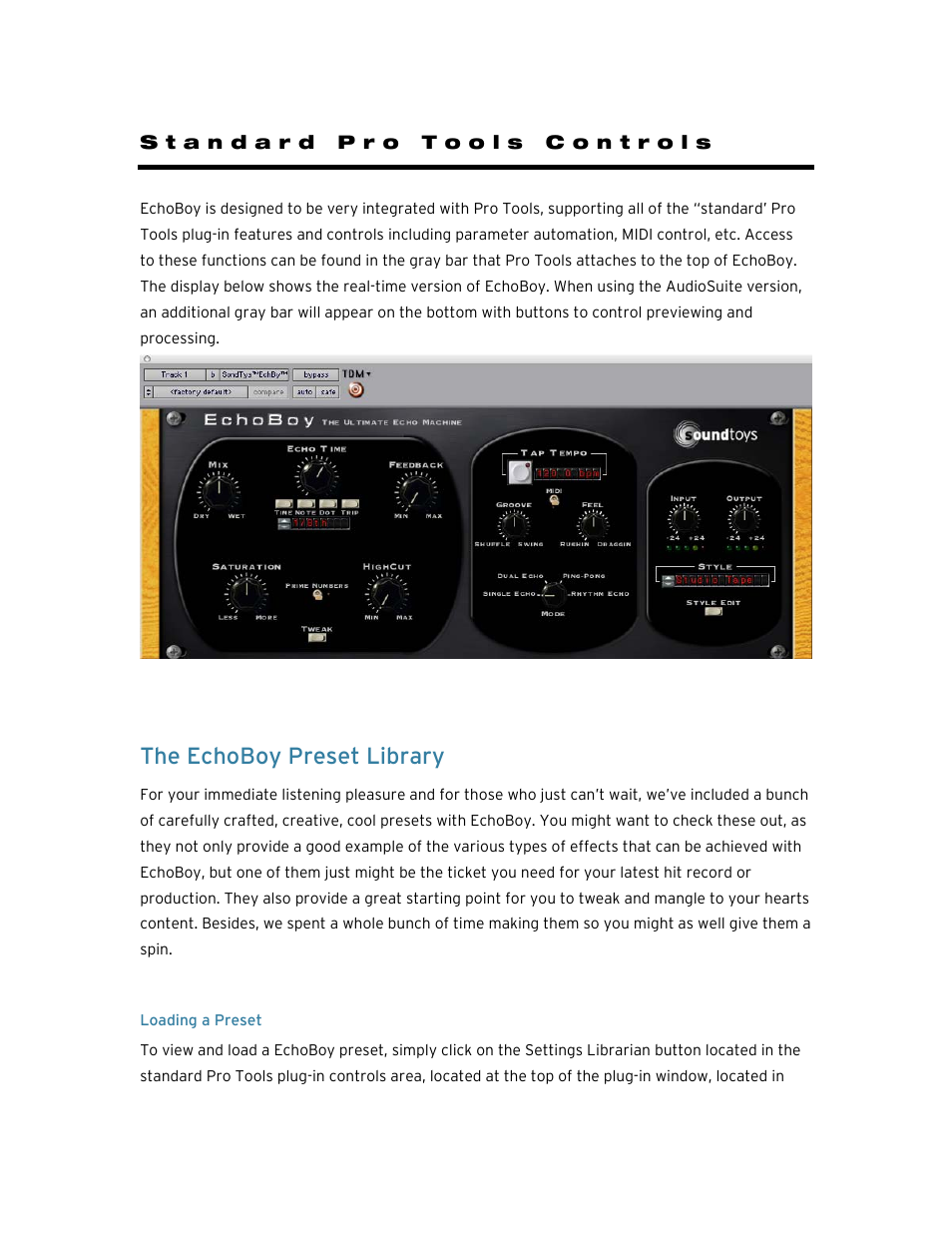 Standard pro tools controls, The echoboy preset library, Loading a preset | Soundtoys EchoBoy User Manual | Page 19 / 63