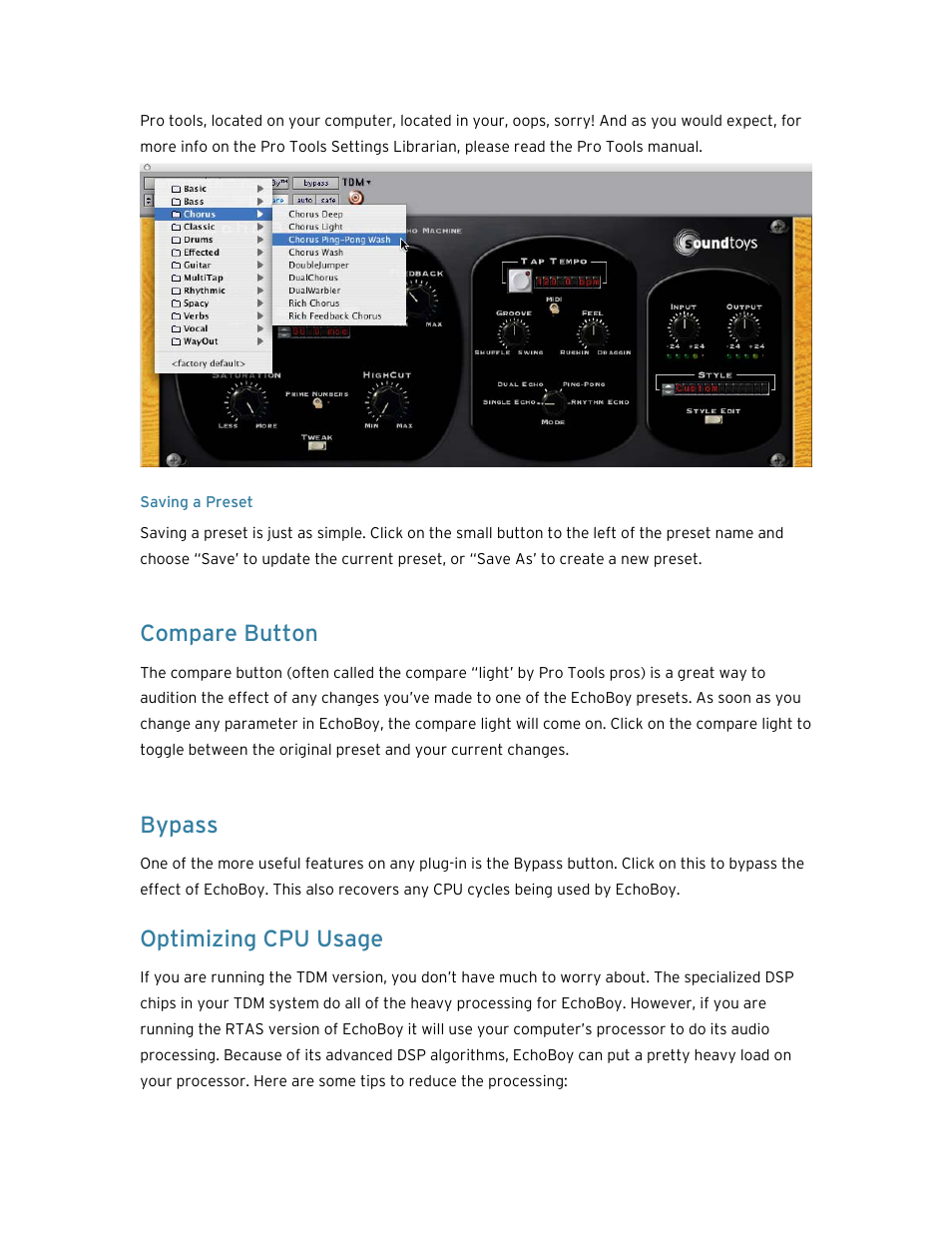 Saving a preset, Compare button, Bypass | Optimizing cpu usage | Soundtoys EchoBoy User Manual | Page 20 / 63