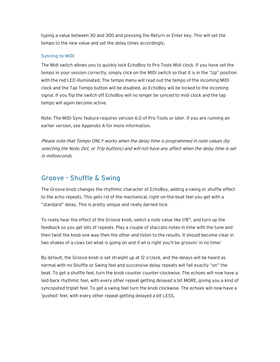 Syncing to midi, Groove - shuffle & swing | Soundtoys EchoBoy User Manual | Page 30 / 63