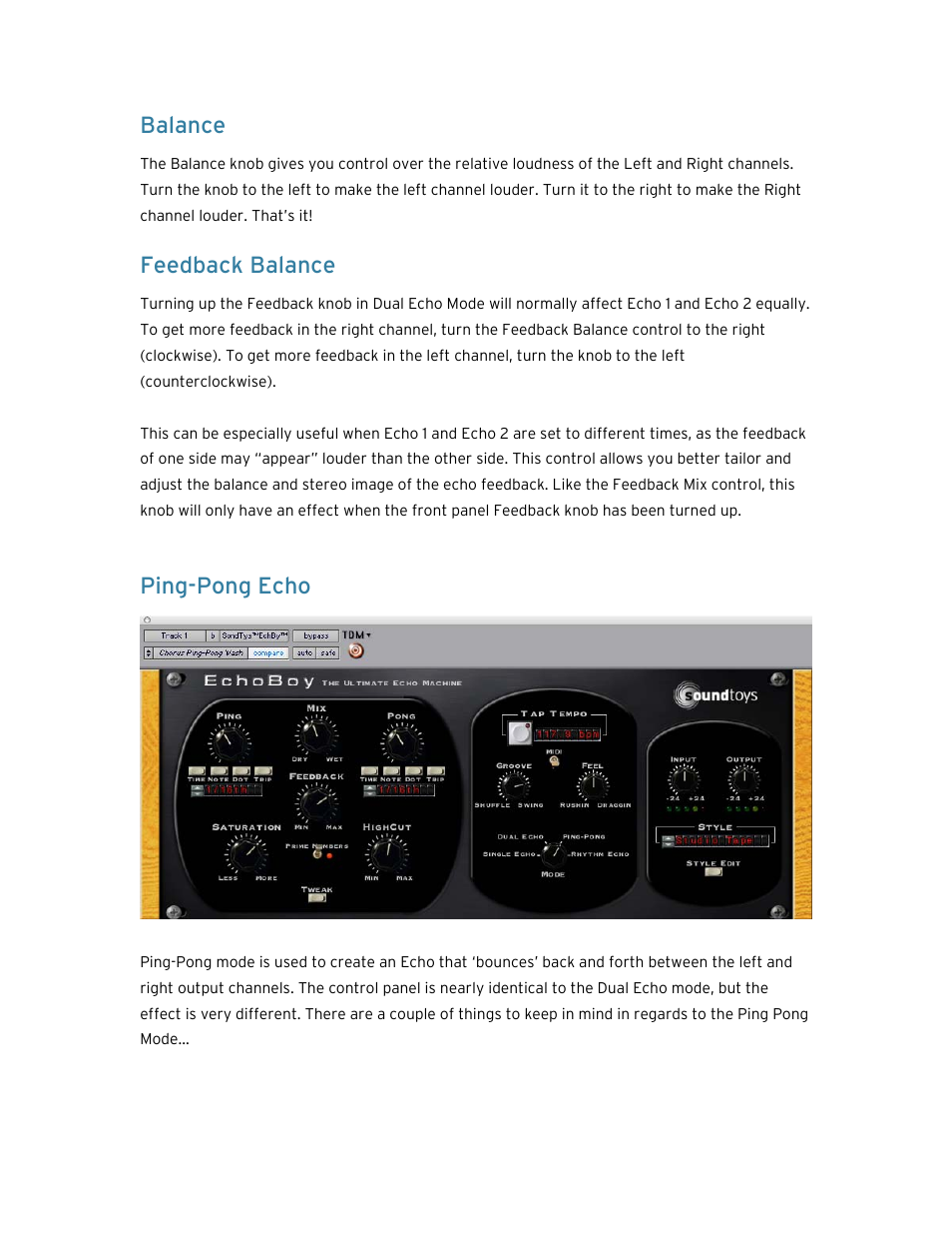 Balance, Feedback balance, Ping-pong echo | Soundtoys EchoBoy User Manual | Page 36 / 63