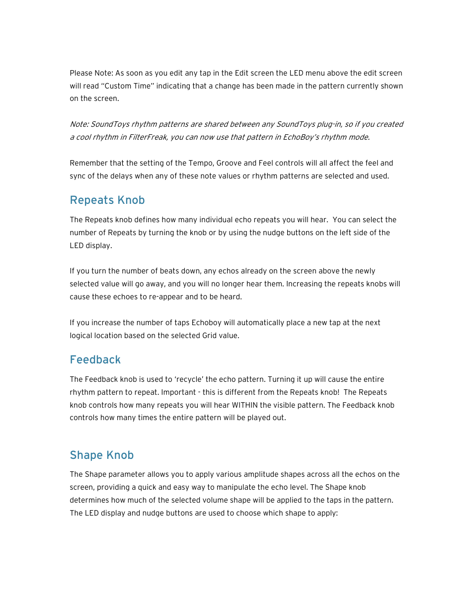 Repeats knob, Feedback, Shape knob | Soundtoys EchoBoy User Manual | Page 40 / 63