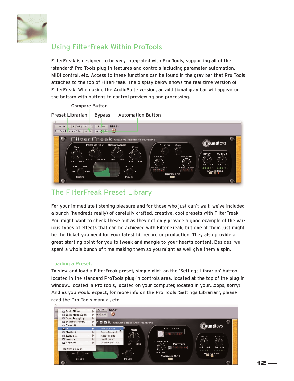 Using filterfreak within protools, The filterfreak preset library | Soundtoys FilterFreak User Manual | Page 12 / 41