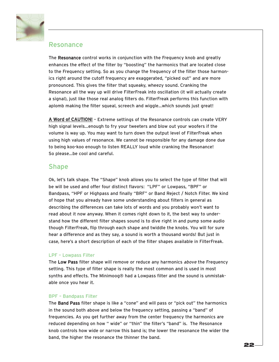 Resonance, Shape | Soundtoys FilterFreak User Manual | Page 22 / 41