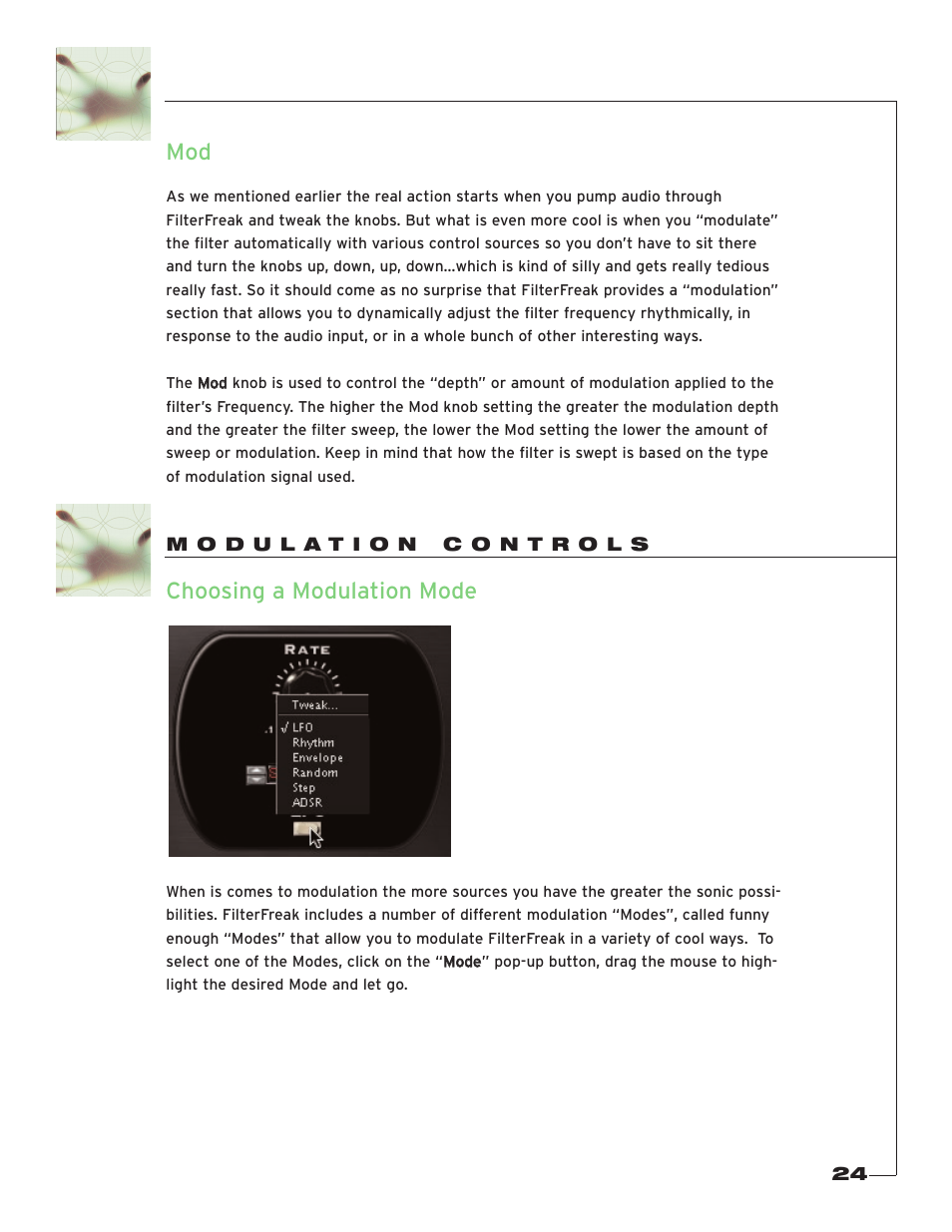 Modulation controls, Choosing a modulation mode | Soundtoys FilterFreak User Manual | Page 24 / 41