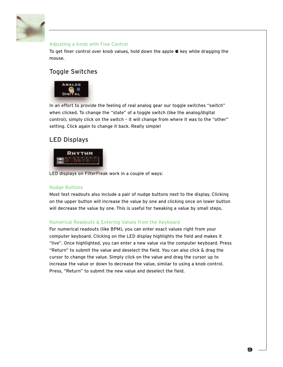 Toggle switches, Led displays | Soundtoys FilterFreak User Manual | Page 9 / 41