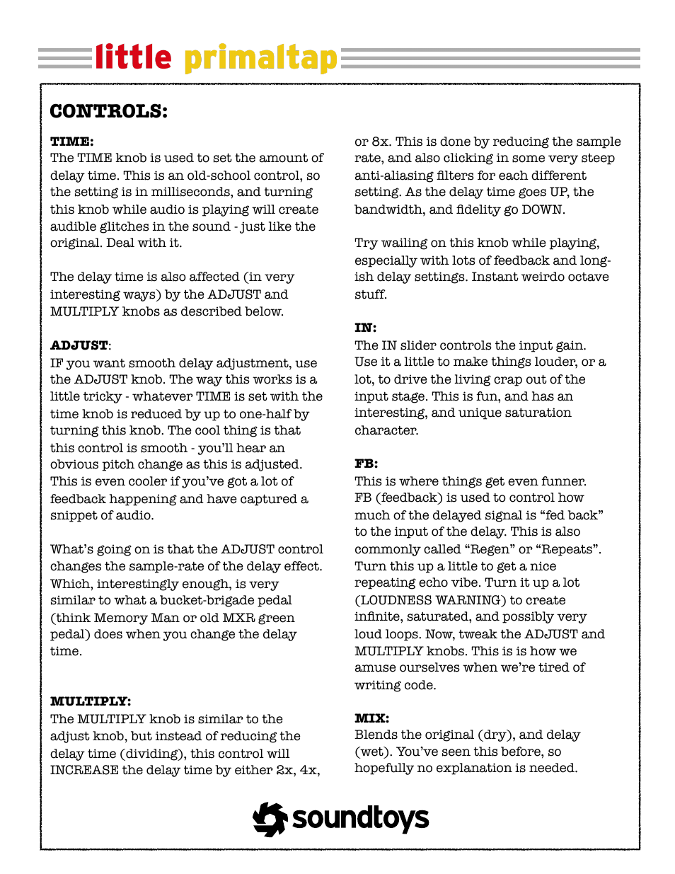 Controls | Soundtoys Little PrimalTap User Manual | Page 2 / 2