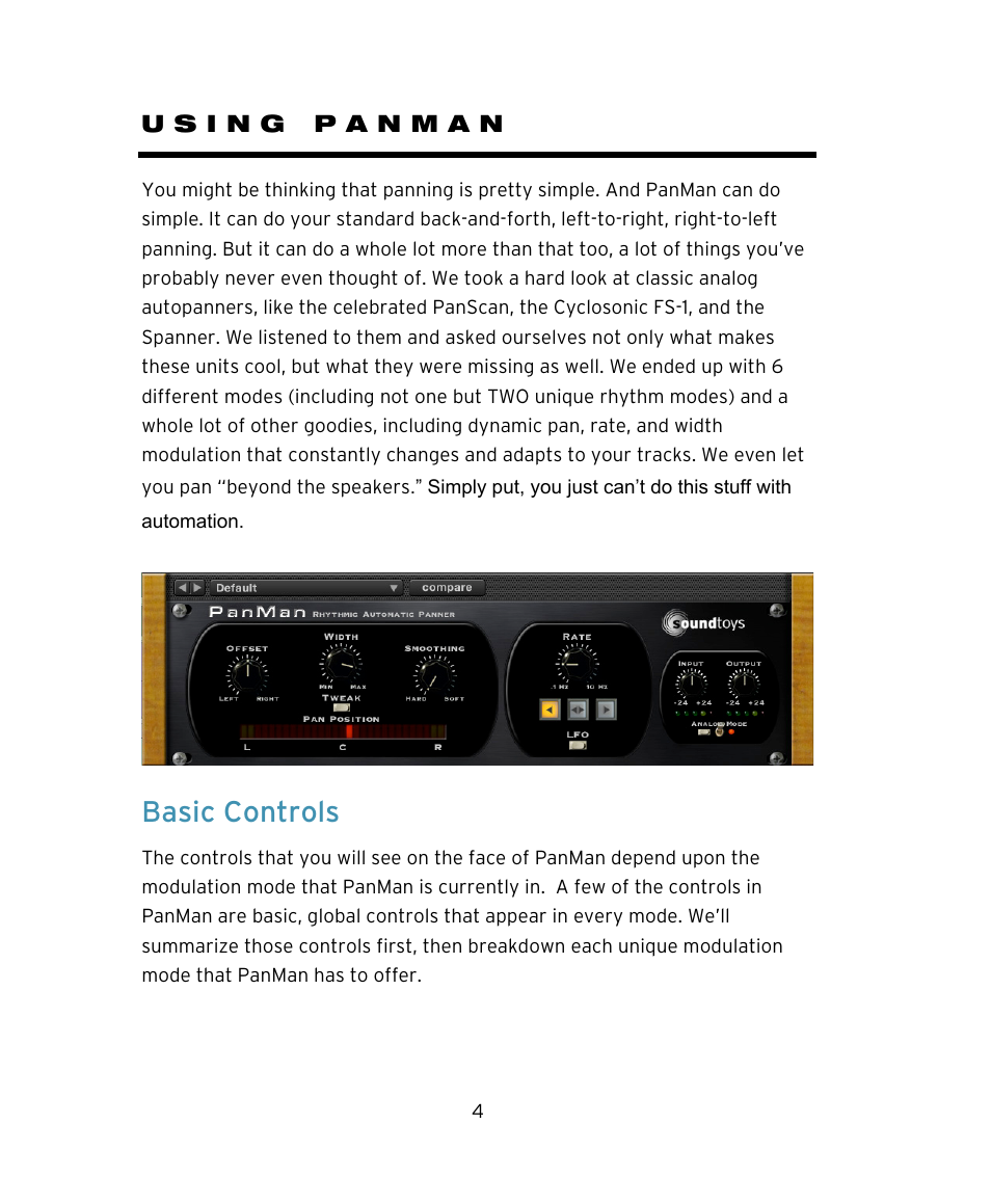 Basic controls | Soundtoys PanMan User Manual | Page 4 / 27