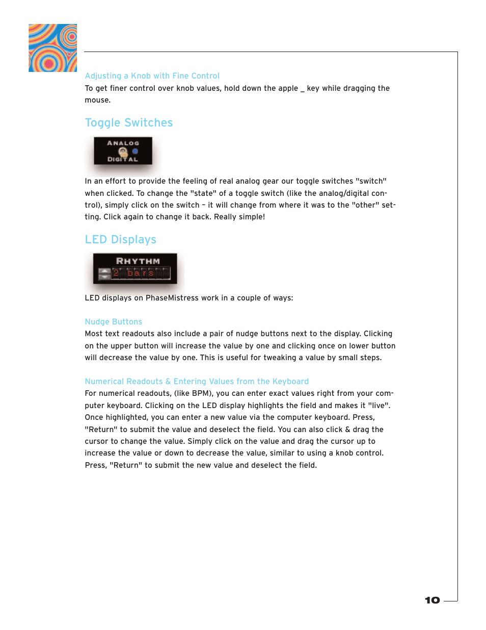 Adjusting a knob with fine control, Toggle switches, Led displays | Nudge buttons | Soundtoys PhaseMistress User Manual | Page 10 / 46