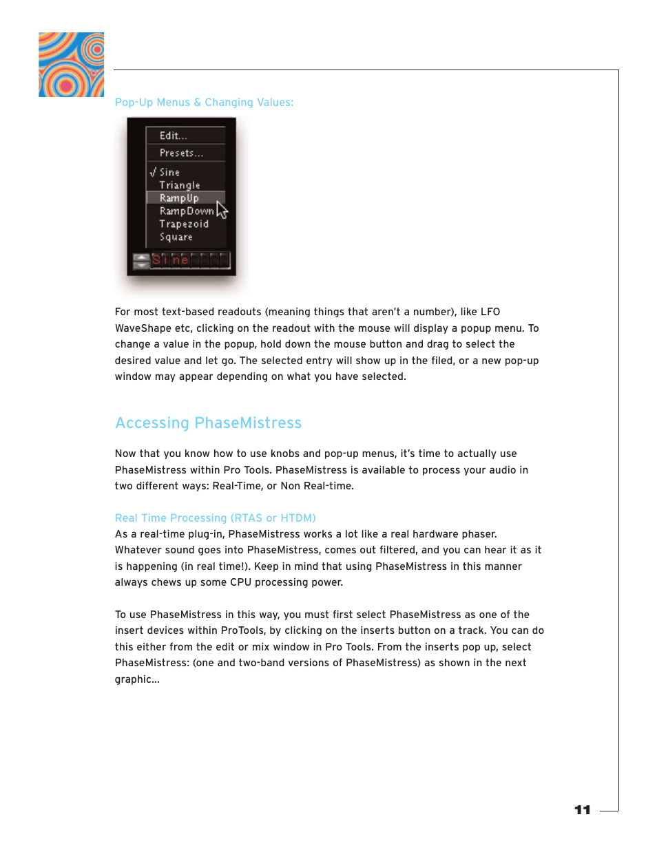 Pop-up menus & changing values, Accessing phasemistress, Real time processing (rtas or htdm) | Soundtoys PhaseMistress User Manual | Page 11 / 46