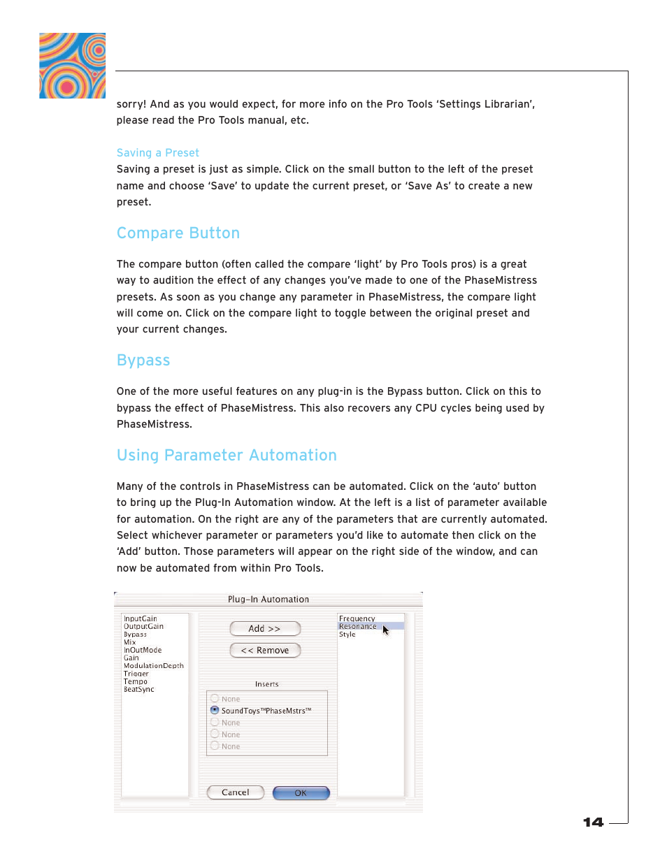 Saving a preset, Compare button, Bypass | Using parameter automation | Soundtoys PhaseMistress User Manual | Page 14 / 46