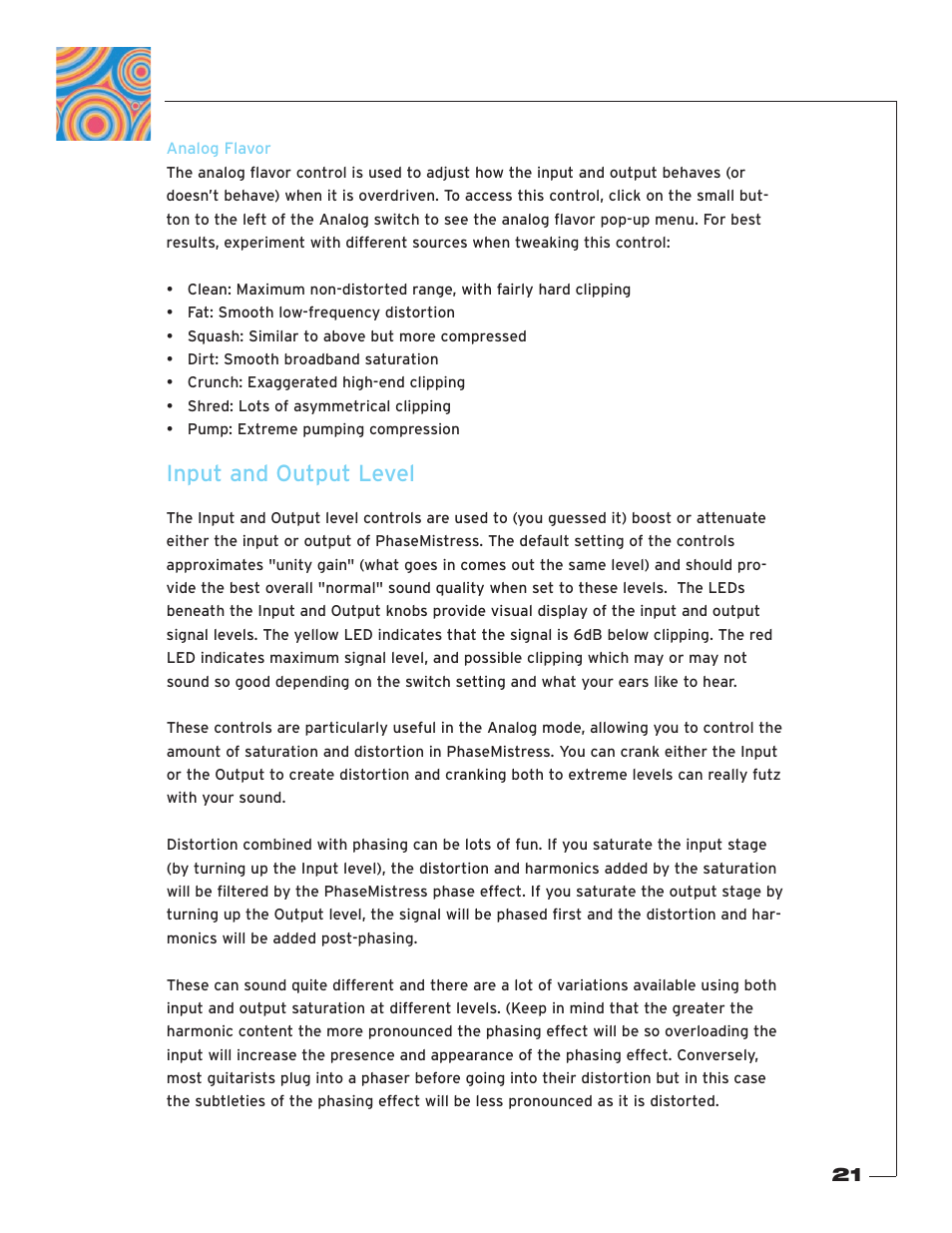 Analog flavor, Input and output level | Soundtoys PhaseMistress User Manual | Page 21 / 46