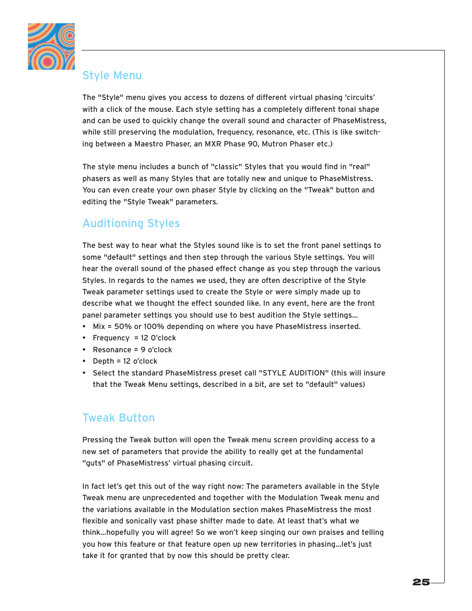 Style menu, Auditioning styles, Tweak button | Soundtoys PhaseMistress User Manual | Page 25 / 46